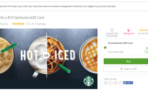 [Targeted] Groupon 上现有 Starbucks 礼品卡 $10 仅需 $5