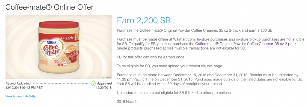 Swagbucks: 倒赚  加两桶免费的雀巢咖啡伴侣 Coffee-mate