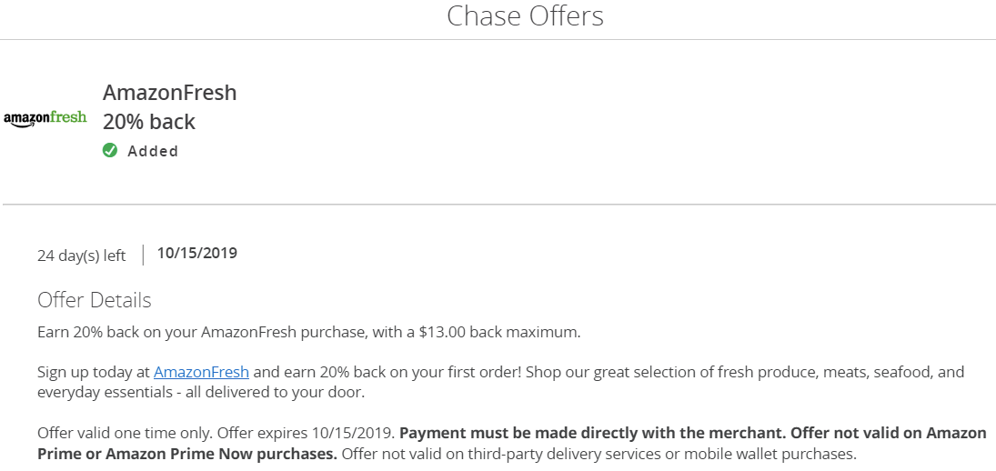 Chase Offers/BOA Deals 等提供 Amazon Fresh 20% 返现