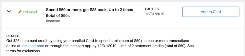 Instacart 叠加 Amex Offer，首单减 ，Amex 满  再返 