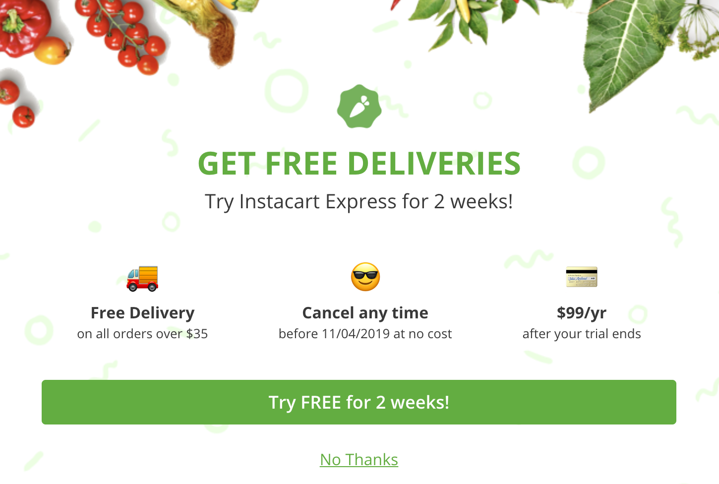 Instacart 叠加 Amex Offer，首单减 ，Amex 满  再返 