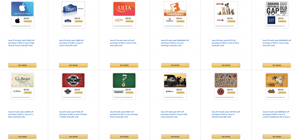 Amazon 放出大量打折 Gift Cards (iTunes, Chipotle, Lowe’s, Gap, Ulta, Children’s Place, Petco...)