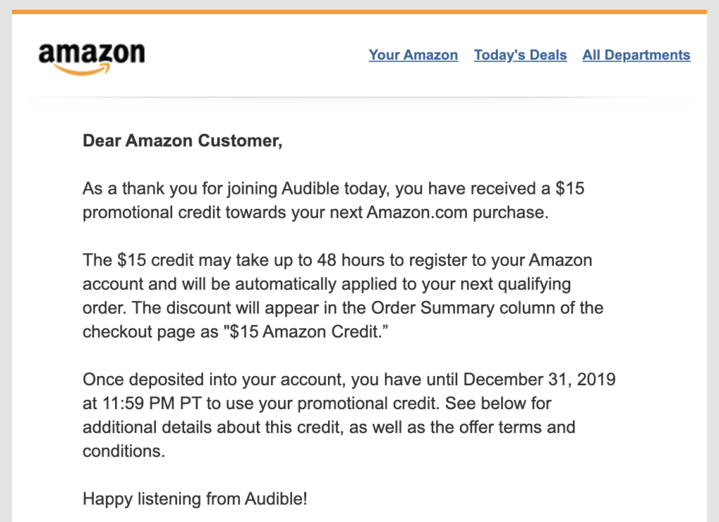 Amazon 白送  Credit，注册一个月 Audible 即可，可随时取消