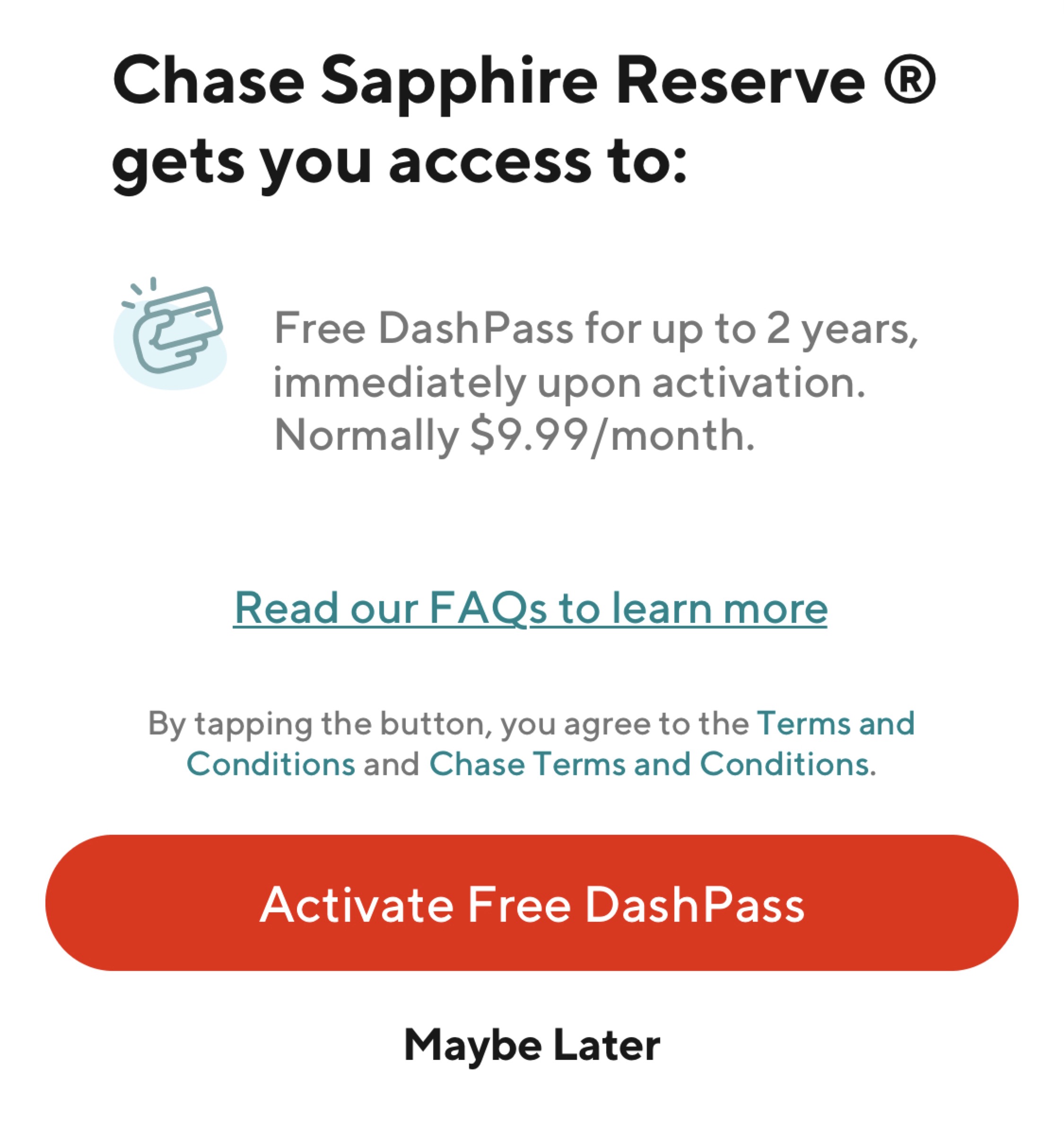 Chase CSR/CSP 持卡者免费获得两年 DoorDash 的 DashPass 服务，Freedom/Slate 则免费三个月