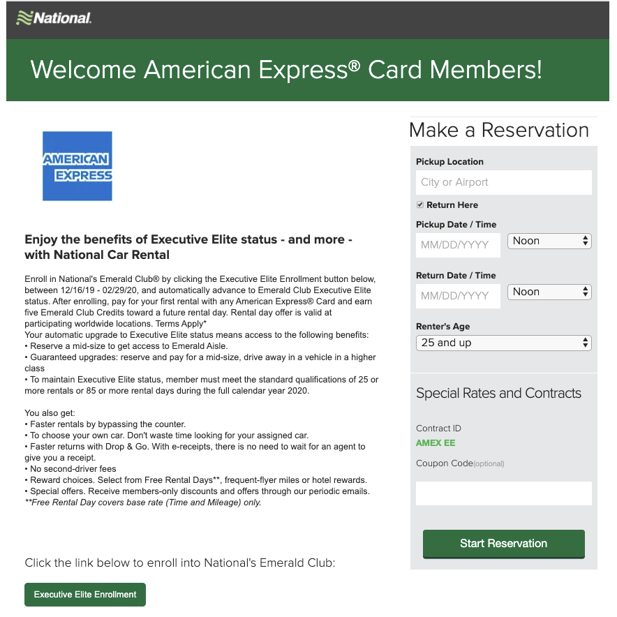 免费获得 National 租车公司最高等级 Executive Elite 会员，可 match 其它租车公司同等级会员