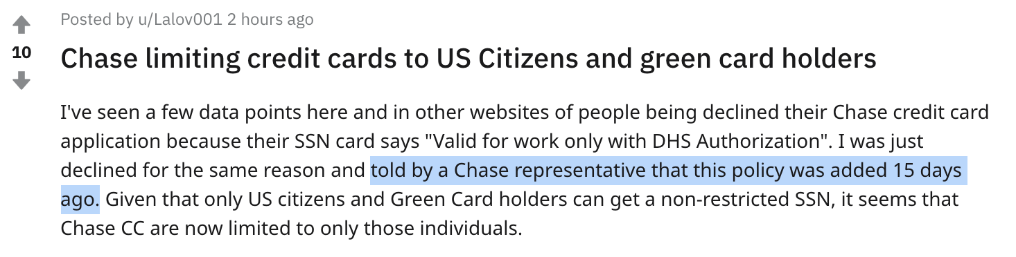 Chase 信用卡新政策：只接受美国公民和绿卡持有者申请