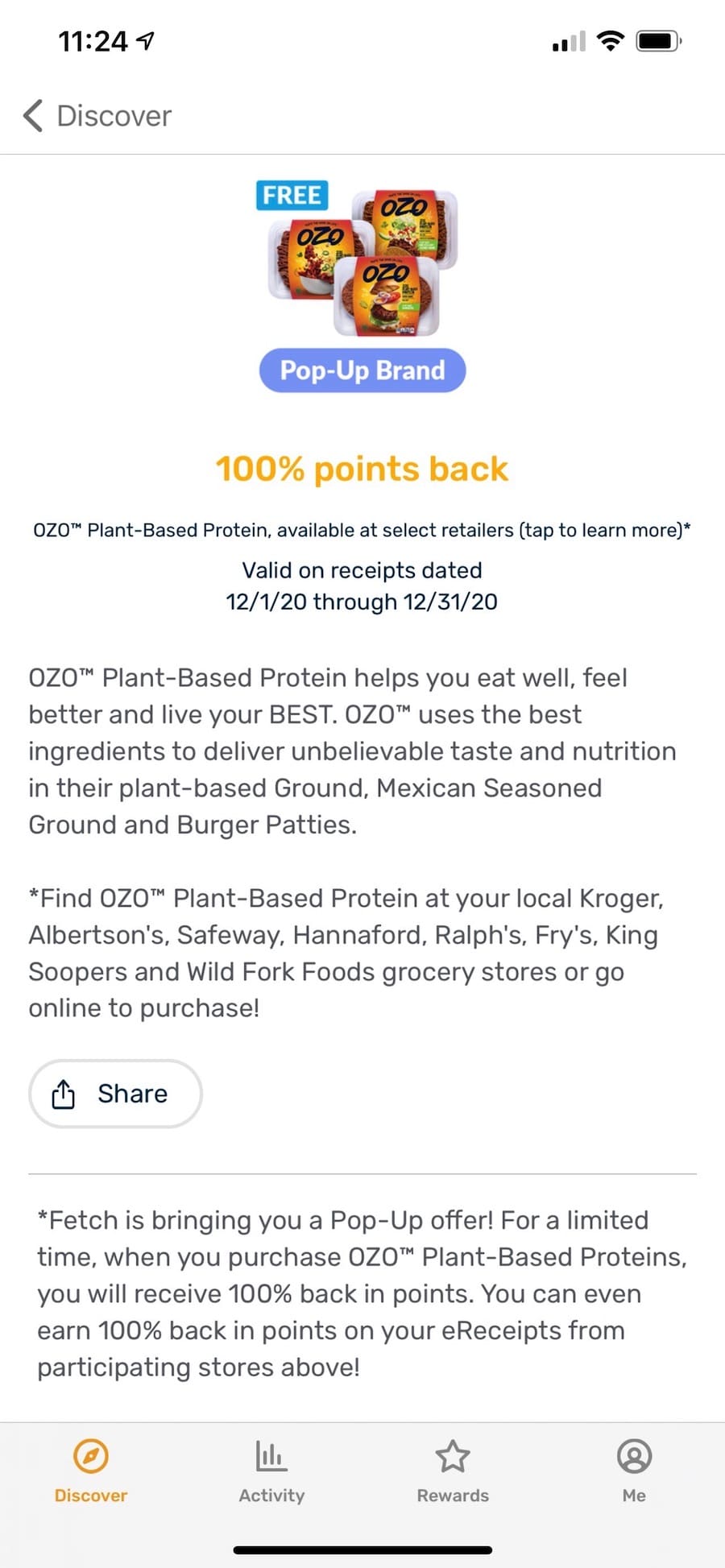 Fetch Rewards 又有免费商品啦（OZO Plant-based Protein)