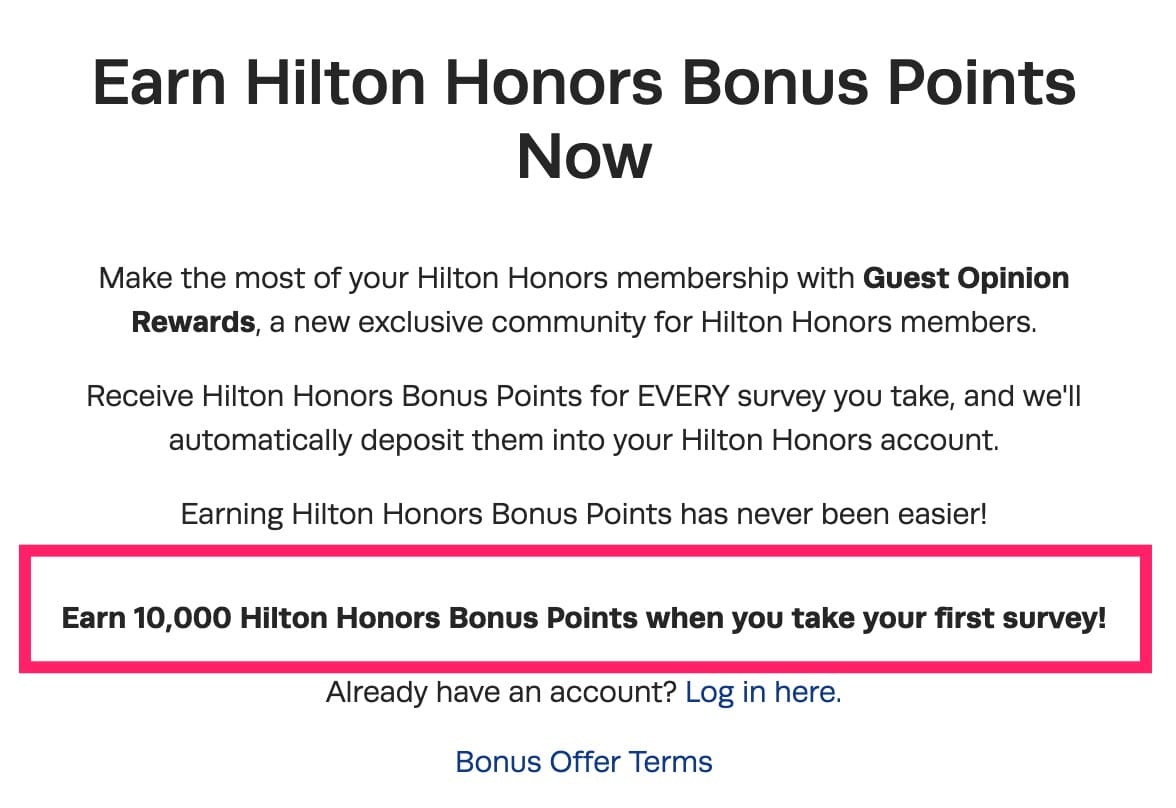 Hilton：填写问卷获得 10,000 Hilton Honors 积分