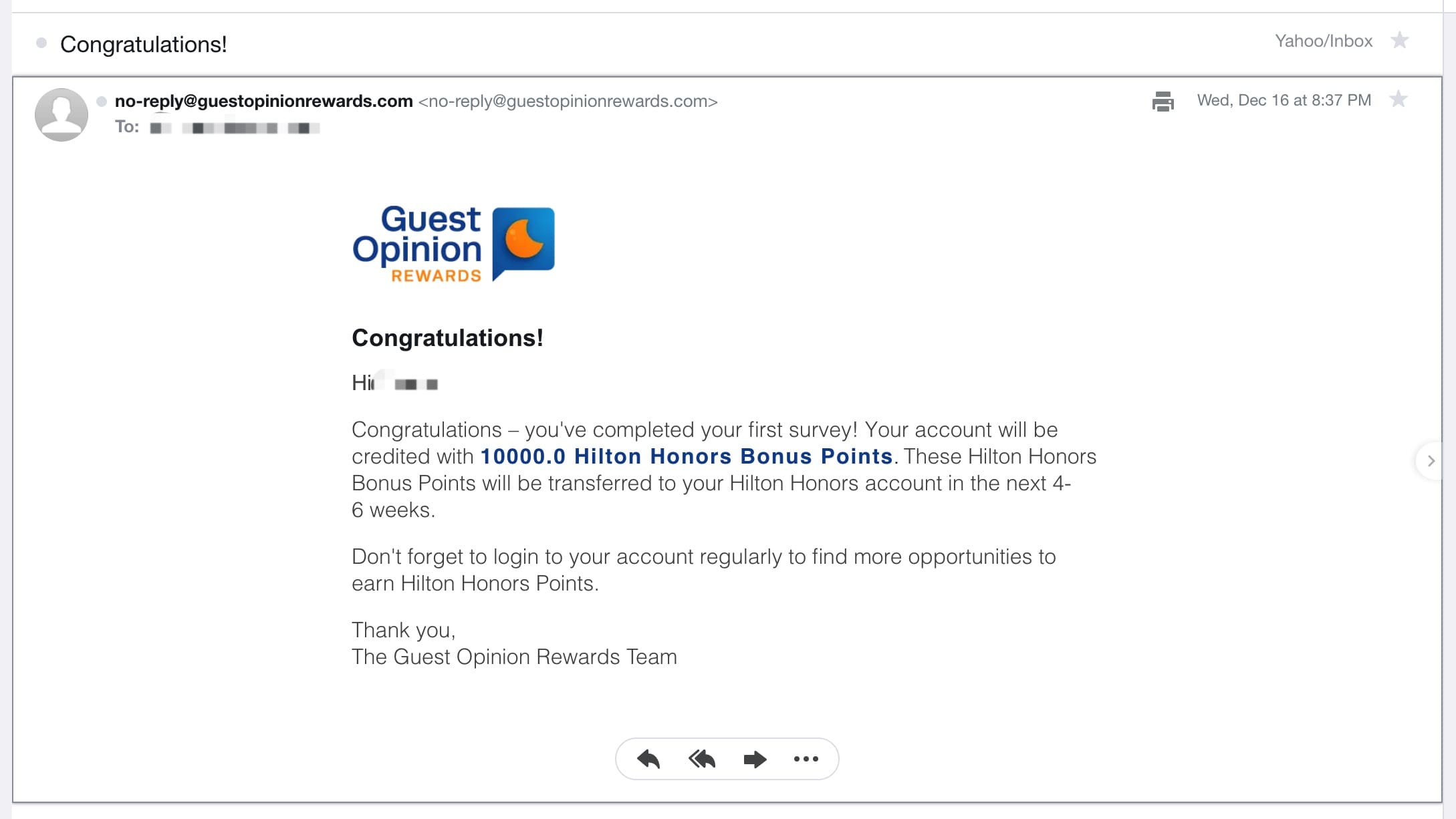 Hilton：填写问卷获得 10,000 Hilton Honors 积分