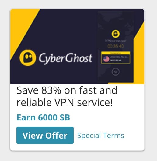 Swagbucks 倒赚：订阅 CyberGhost VPN 倒赚 
