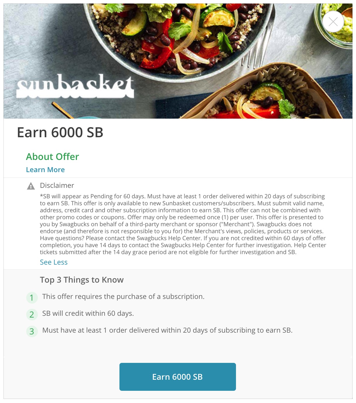 Swagbucks/MyPoints 上 Sun Basket 免费 4 餐饭 + 倒赚 +【07/05 更新：Chase Offer 有  返现】