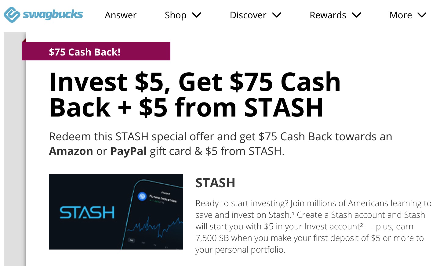 Swagbucks/MyPoints：注册 Stash 倒赚 4【03/28 更新：倒赚增至 4】