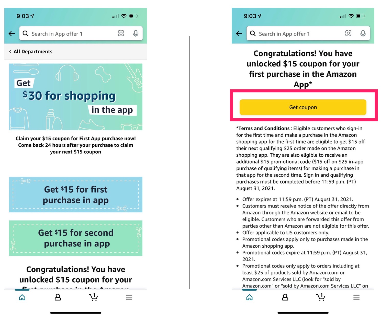 Amazon App 领取满  减  优惠券，可用两次，老用户也可用！【05/30 更新：又有了】