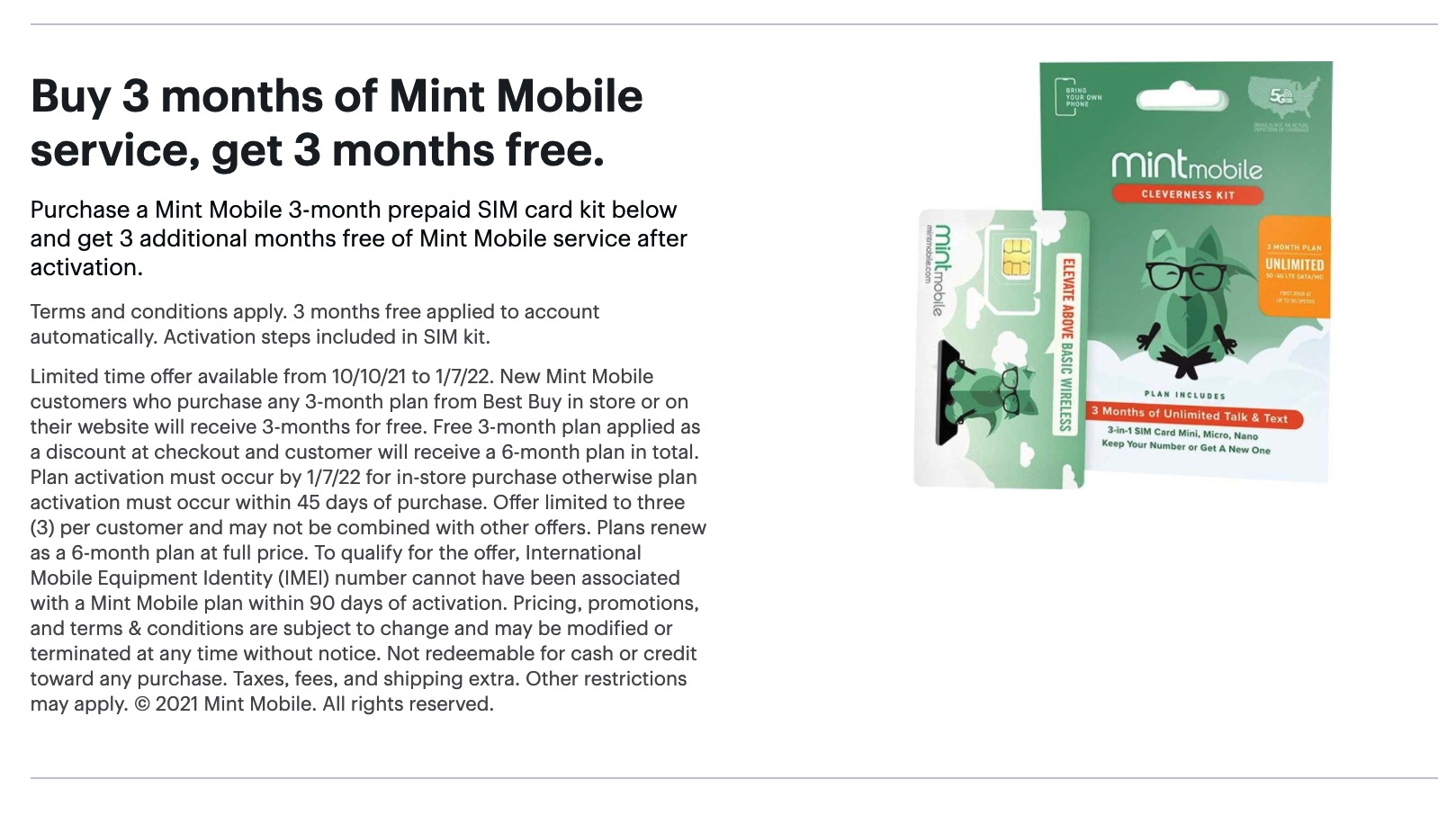 在 BestBuy 购买 Mint Mobile 买 3 个月赠 3 个月