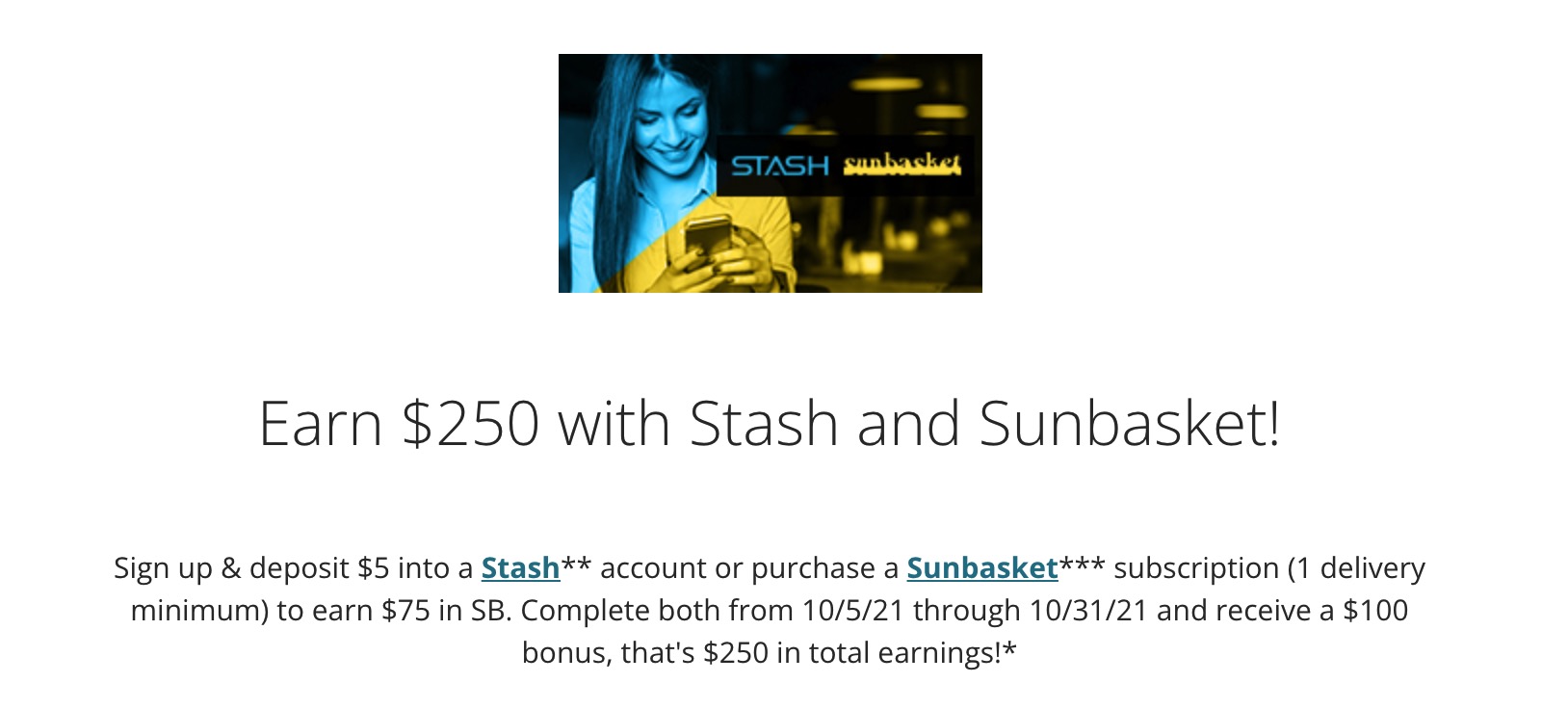 倒赚:Swagbucks/MyPoints/InboxDollars 同时注册 Stash 和 Sunbasket 可倒赚 0【10/16 更新:奖励提高到 0】