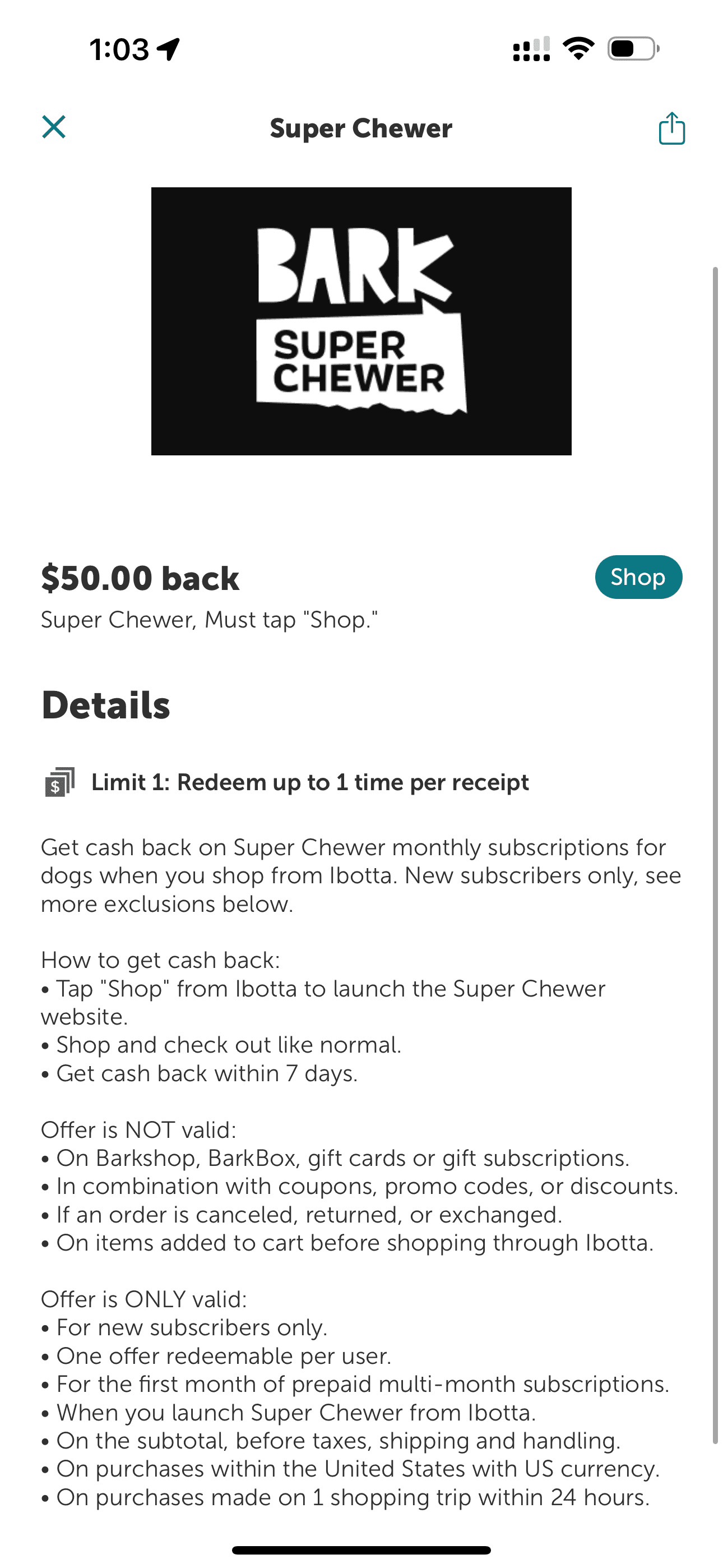 ibotta Flash Cash：Super Chewer 返现 ，免费狗粮【仅限 08/13 一天】