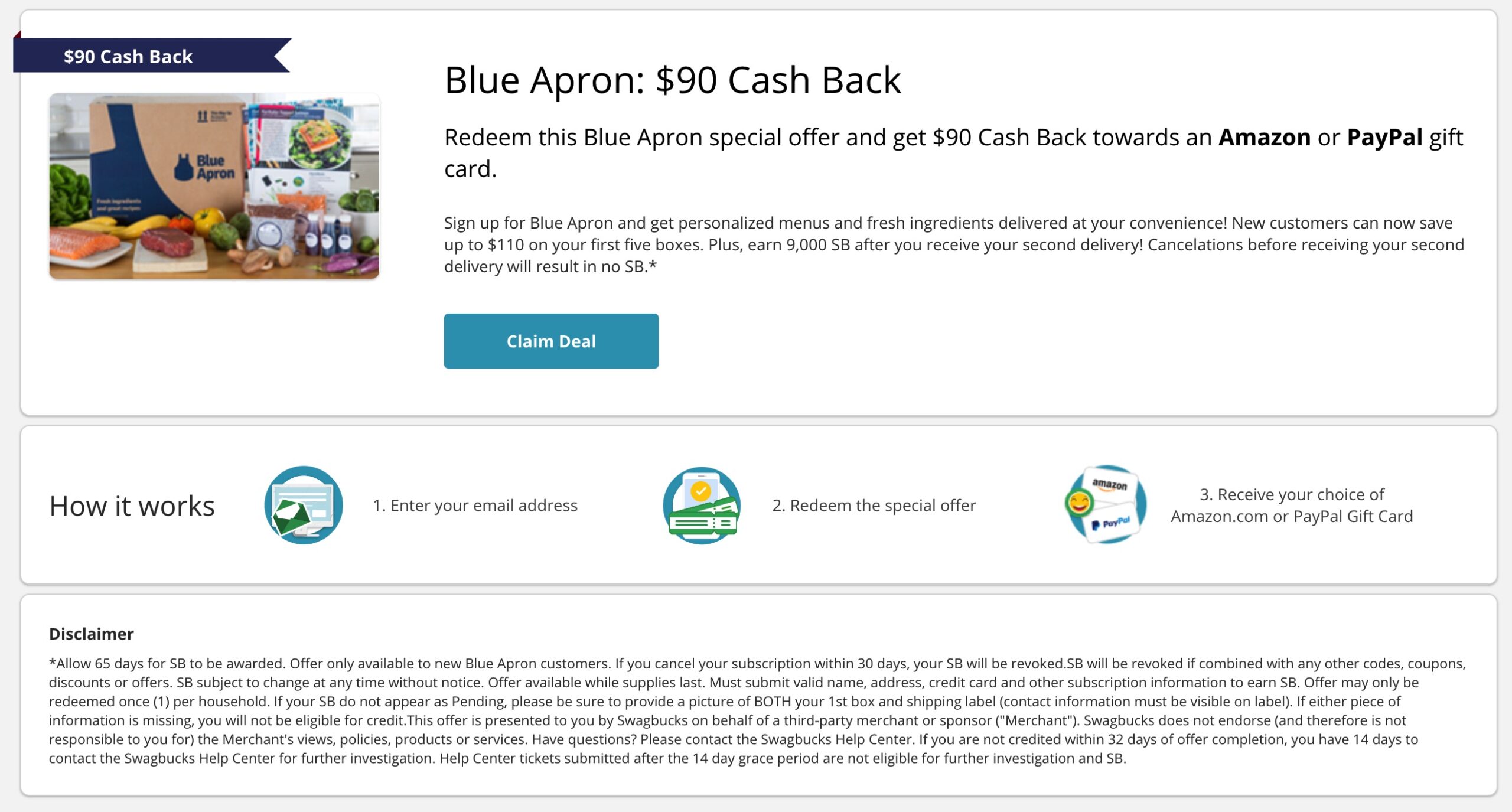 Swagbucks/MyPoints 上订阅 Blue Apron 可倒赚 + 免费几餐饭【05/07 更新:MyPoints 上提高到返现 】