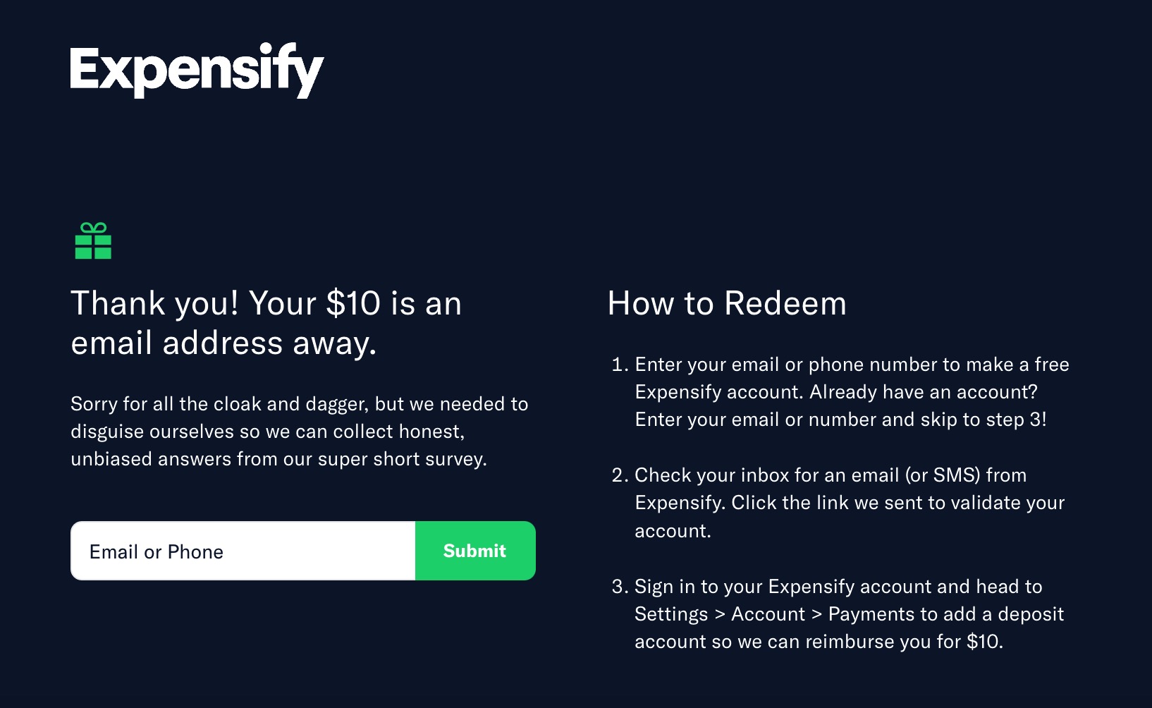 Expensify 送 ,回答两个问题即可,1 分钟可搞定【已收到钱】