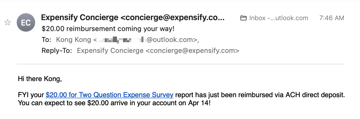 Expensify 送 ,回答两个问题即可,1 分钟可搞定【已收到钱】