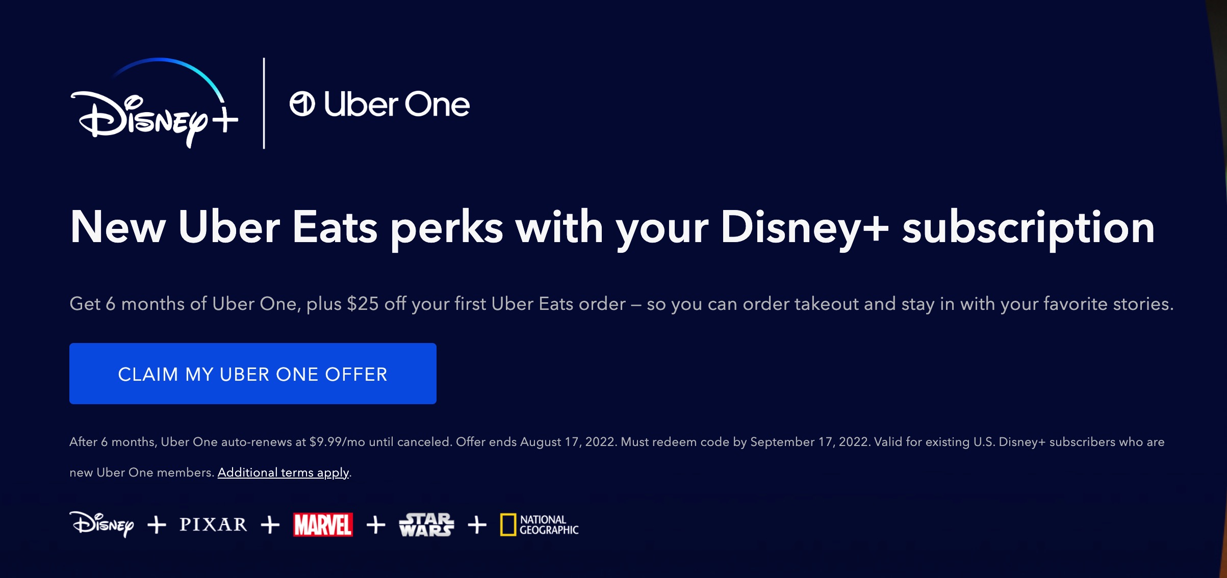 Disney+ 用户免费领取六个月 Uber One 会员 + 首单  off