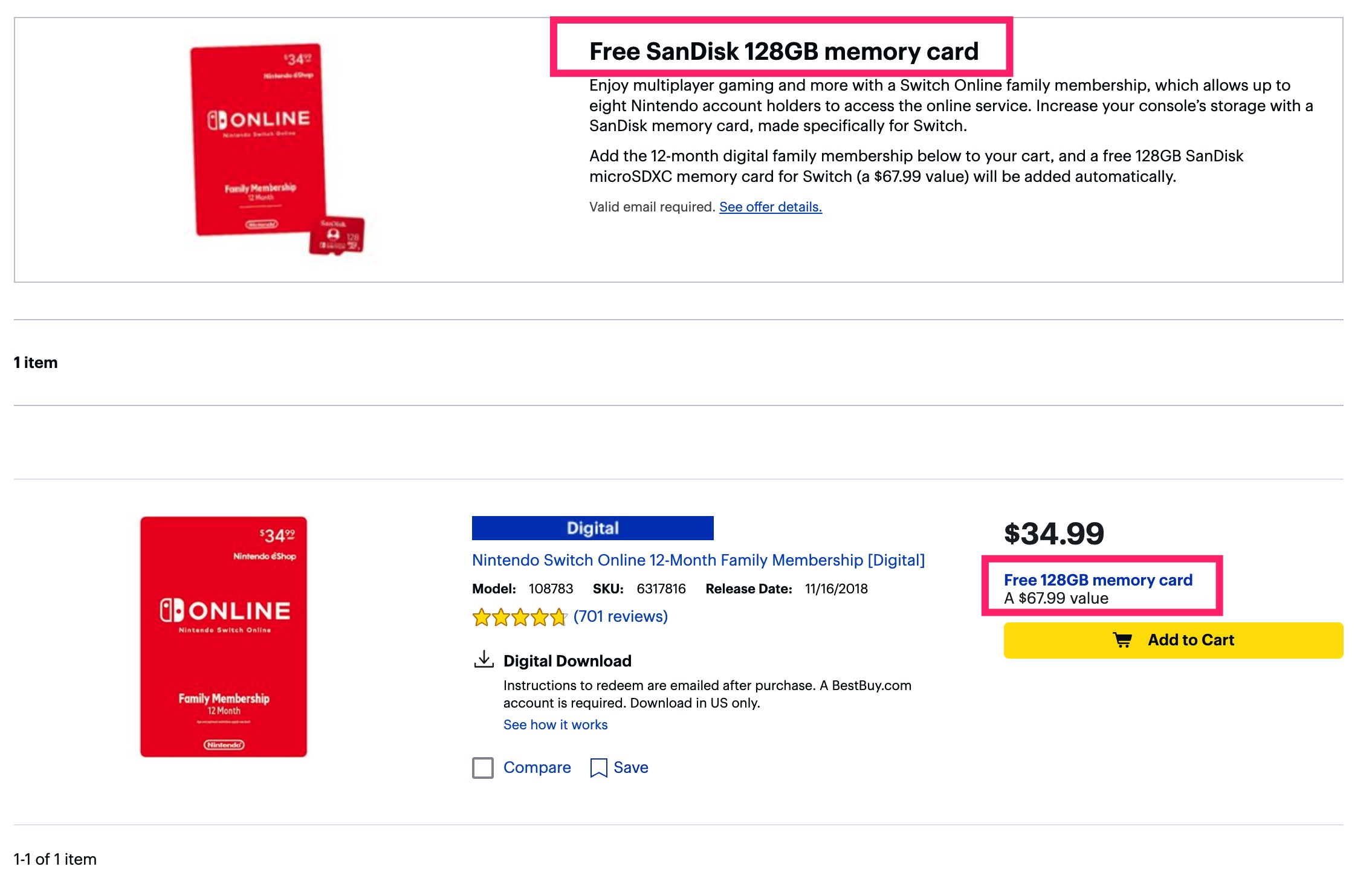 BestBuy 买一年 Nintendo Switch Family Membership 免费送 128GB 内存卡