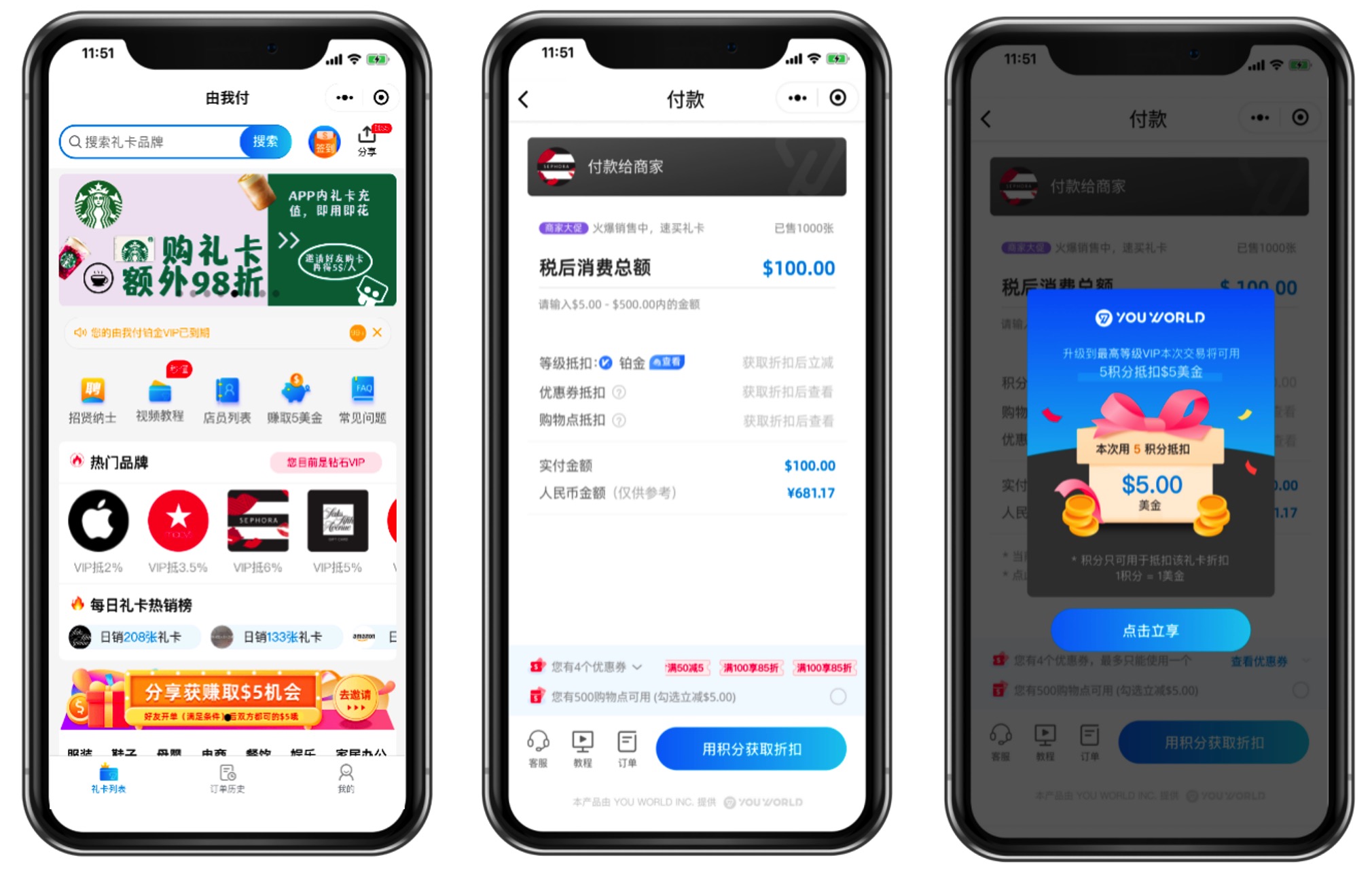 由我付 (YouWorld) 介绍：礼卡打折购买平台，用人民币在美国自在生活【独家注册奖励 】