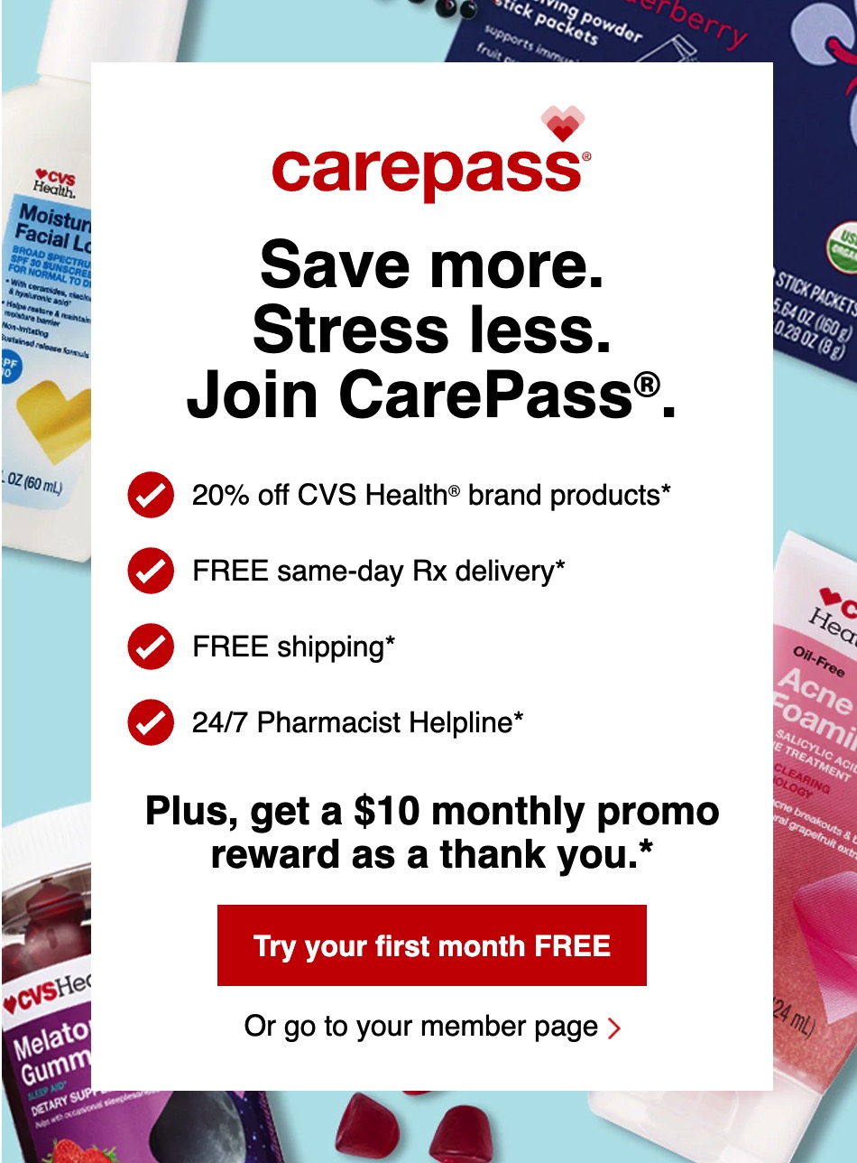 免费赠送一个月 CVS CarePass +  Rewards 奖励【每个月还可倒赚 】