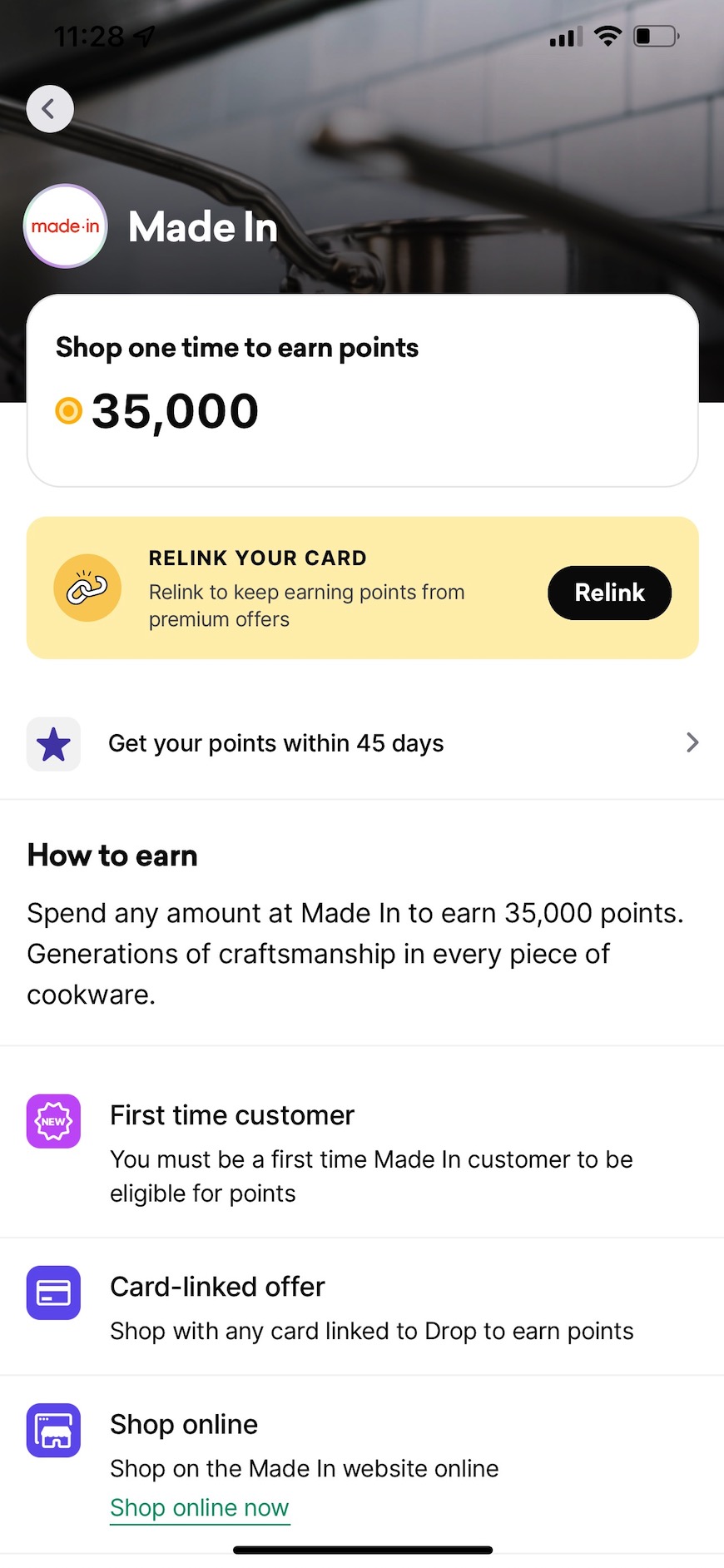 Drop 在 Made in Cookware 任意消费可获得 35k 积分，可倒赚 