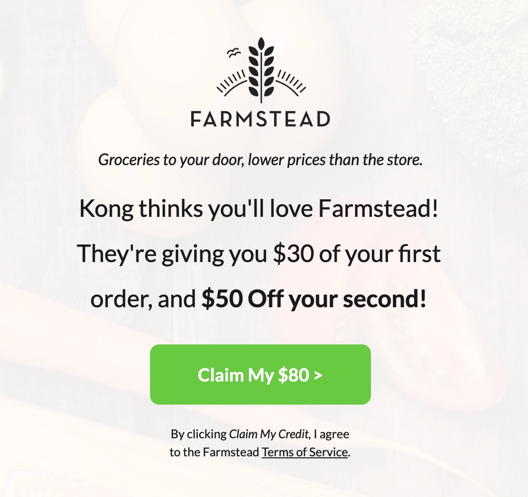 超大羊毛：生鲜配送服务 Farmstead：首单满  减 /满  减 ，第二单减 ，免费有机牛奶，每个月减 【08/09 更新】