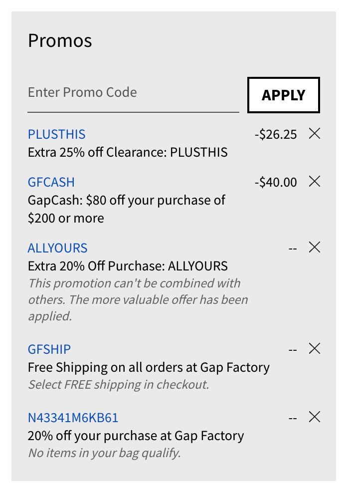 Gap 价格漏洞,可叠加多个折扣码,快【增加新折扣码】!