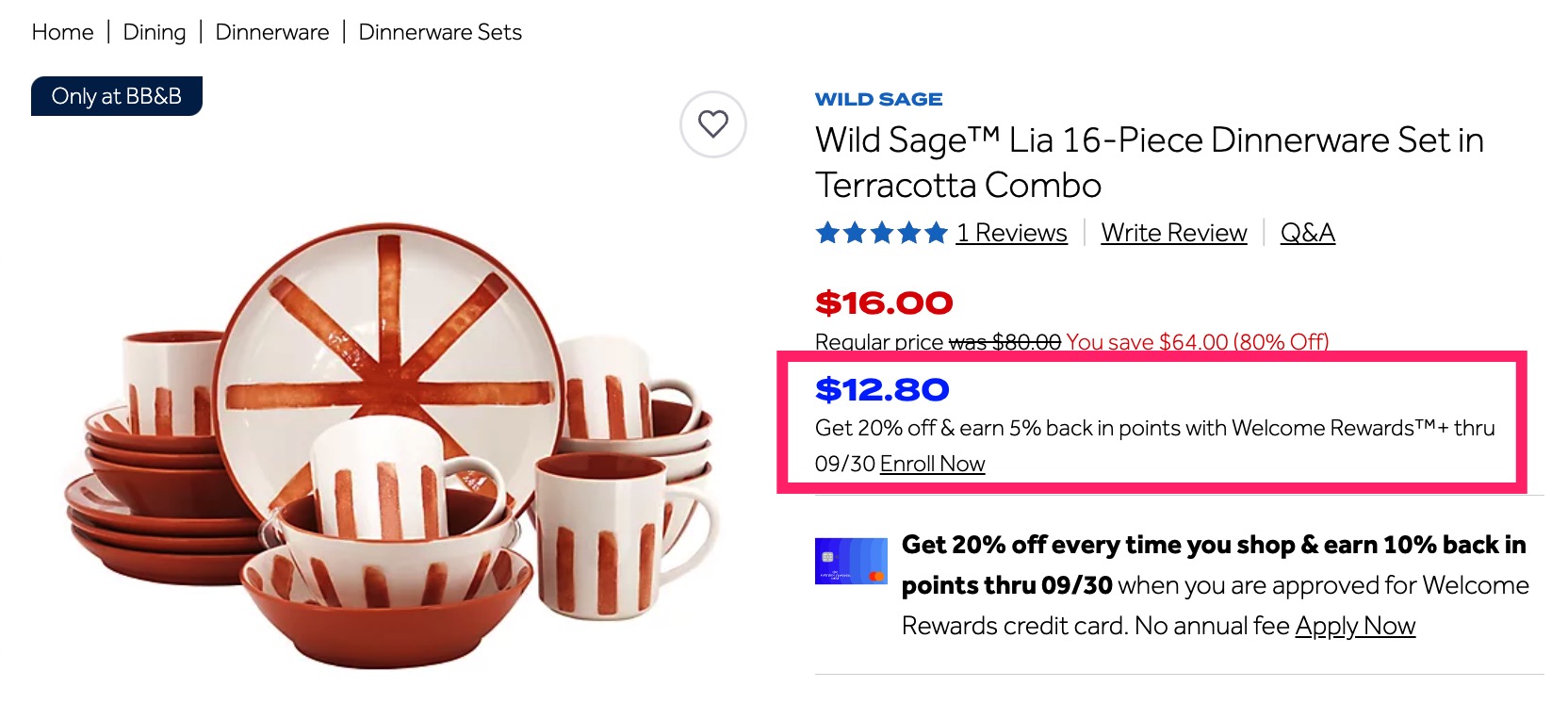 Bed Bath & Beyond 免费 16 件碗碟套装 Wild Sage Dinnerware Set【手慢无,可倒赚】