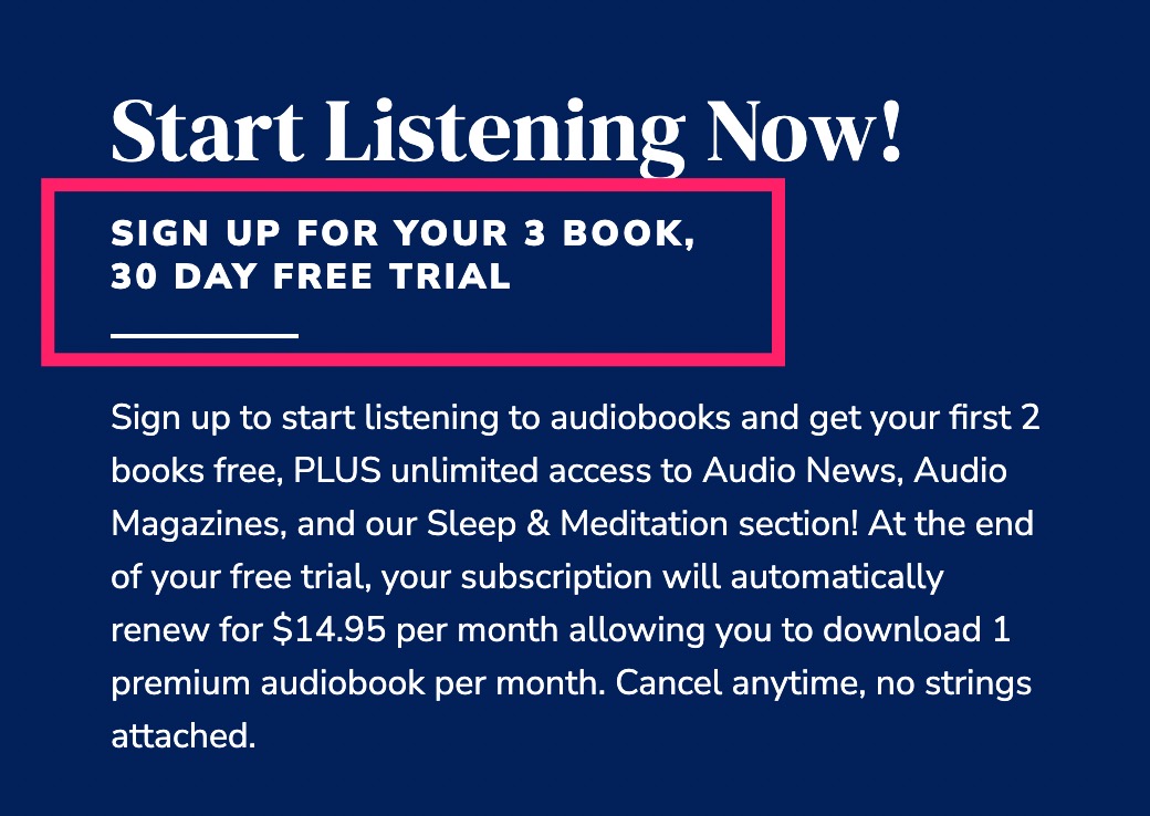 Audiobooks 有声书网站提供 30 天免费试用 + 3 本免费有声书