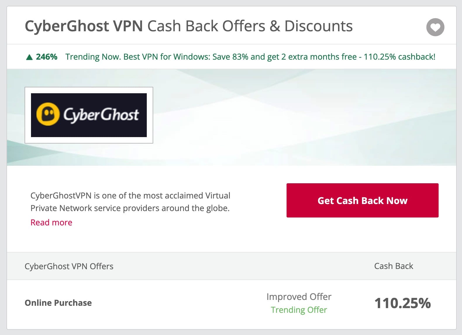 TopCashback 上购买 CyberGhost VPN 获得 110.25% 返现，免费 3 年 VPN
