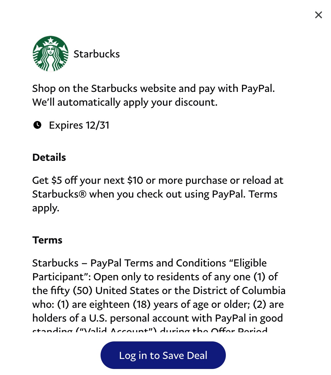 PayPal 上购买 Starbucks 礼卡买  减 【又有了，速加】