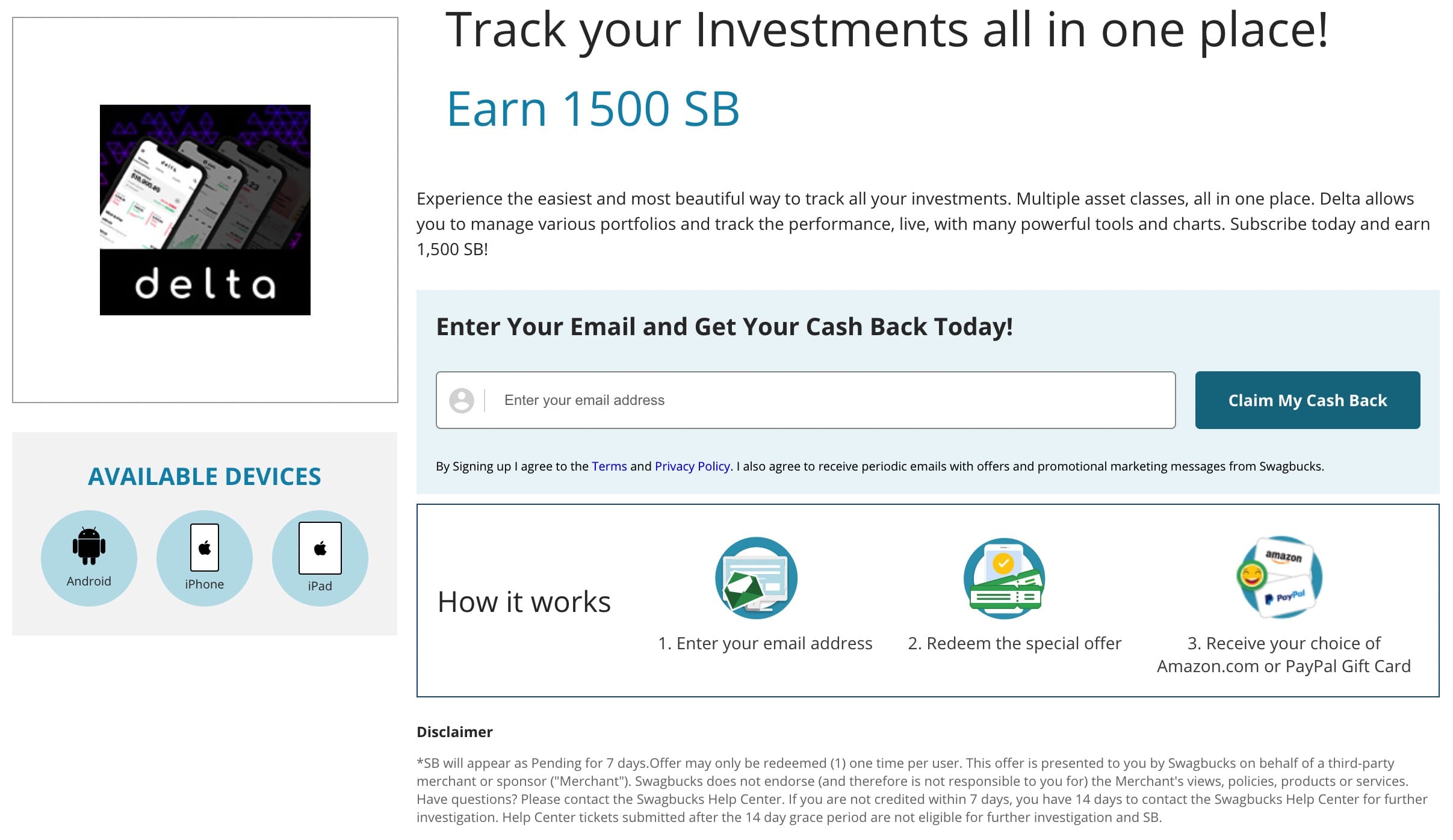 Swagbucks 轻松赚 ：在 Delta App 里连接任意 Brokerage Account 可获得  奖励