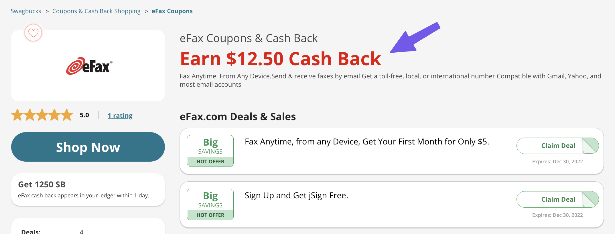 Swagbucks 倒赚：免费试用 eFax 得 .5 返现