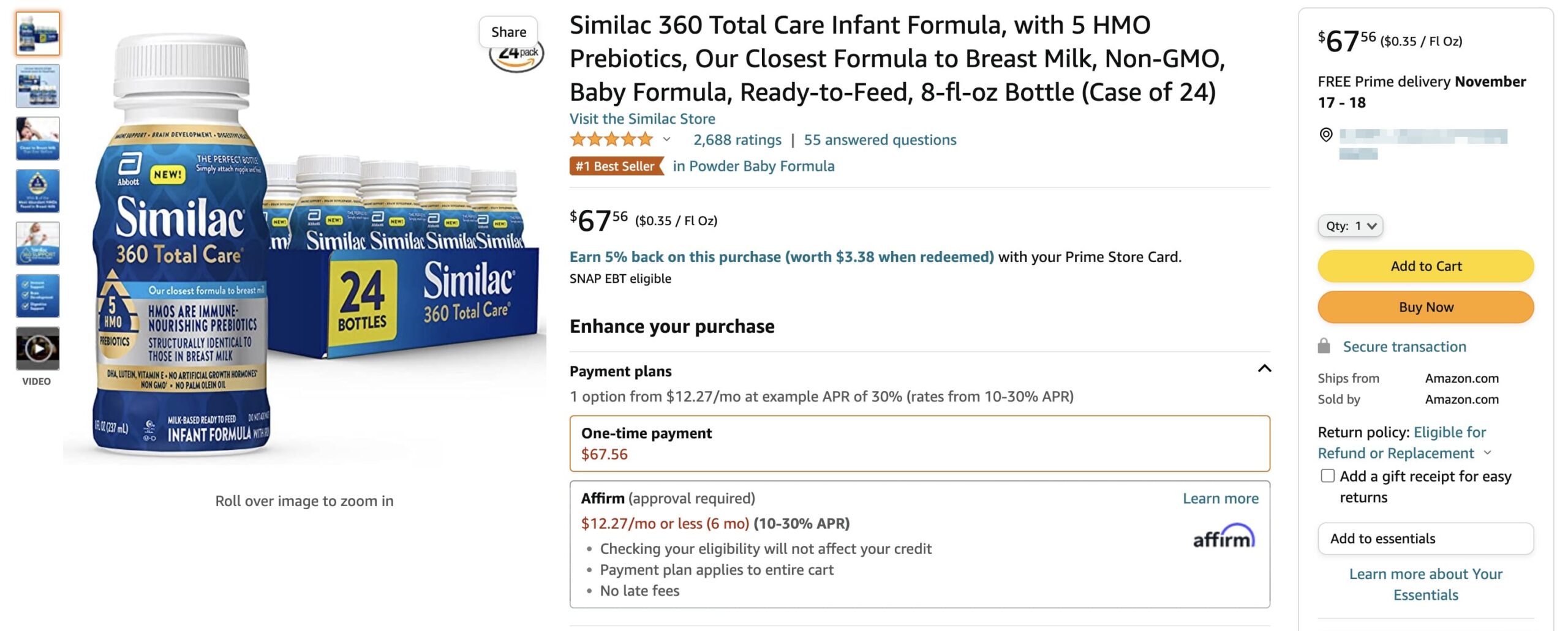 Amazon 雅培水奶 8oz 有货了，需要的快下单，手慢无！