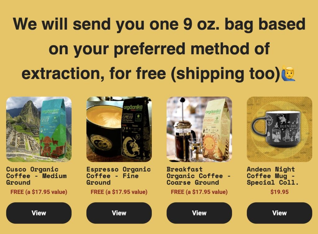 免费一包 9oz 的 Orgaanika Coffee 或咖啡杯，免邮费