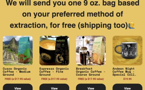 免费一包 9oz 的 Orgaanika Coffee 或咖啡杯，免邮费