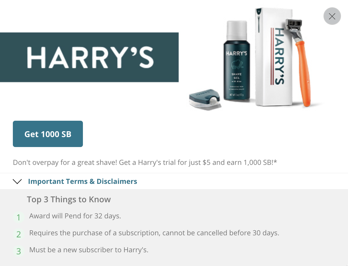 Swagbucks 倒赚：花  返  领取 Harry’s 剃须刀套件