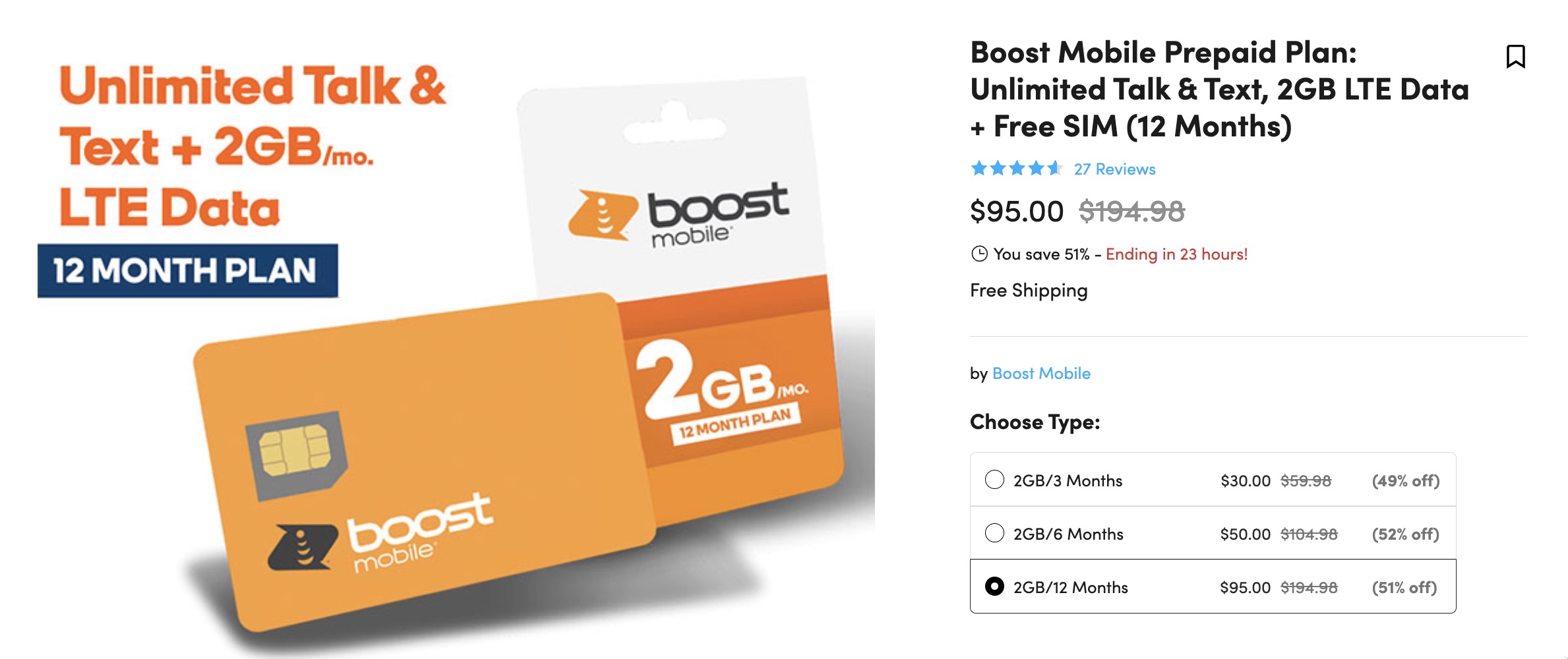 Boost Mobile 超值优惠：12 个月无限通话短信 + 2GB 流量 + Free SIM 仅需 【原价 0，5/22 又有了】