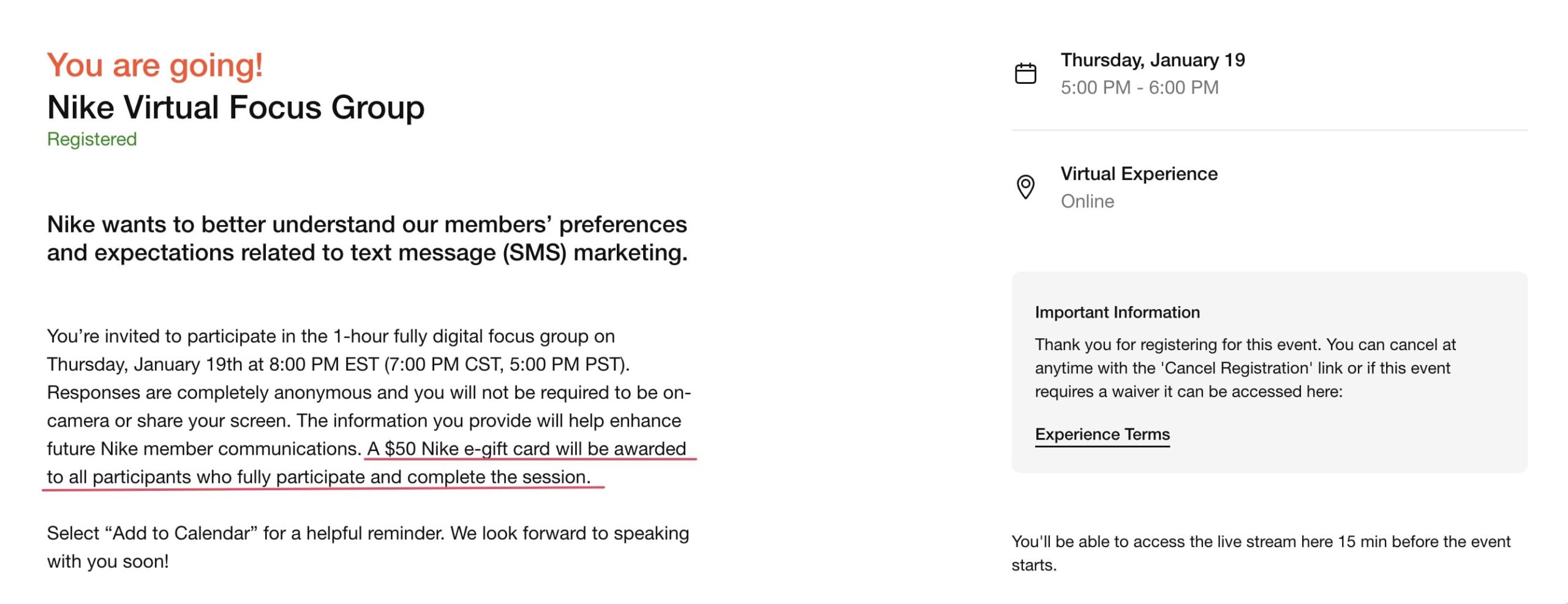 快，免费  Nike Gift Card，参加 Nike 线上会议即可