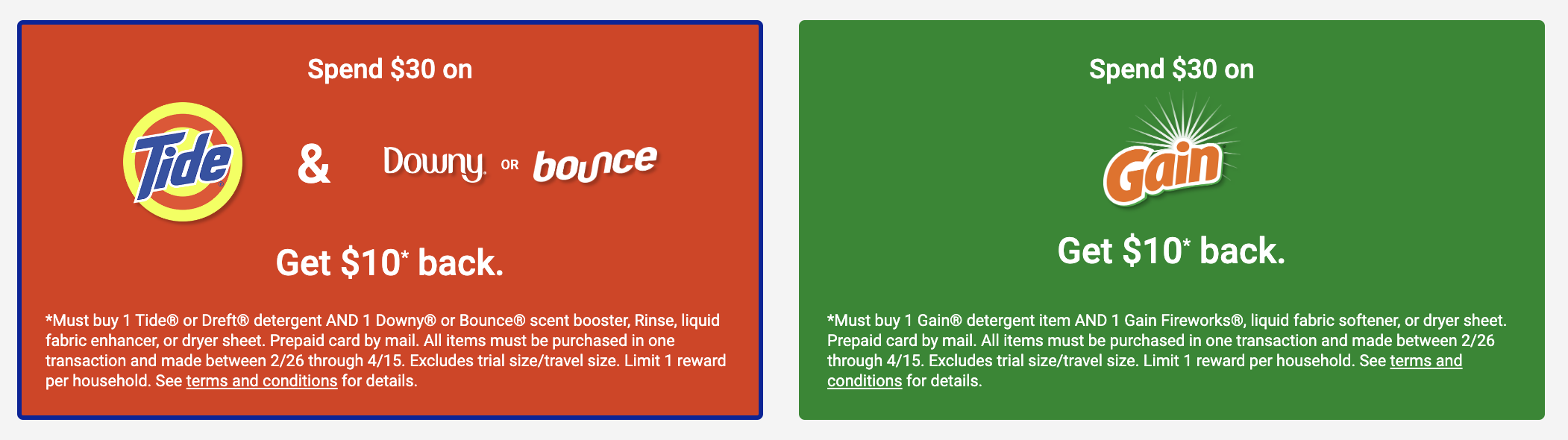 Amazon 洗衣用品买两件立减 再得 返现【包含 Tide, Gain, Dreft, Bounce, Downy 等】