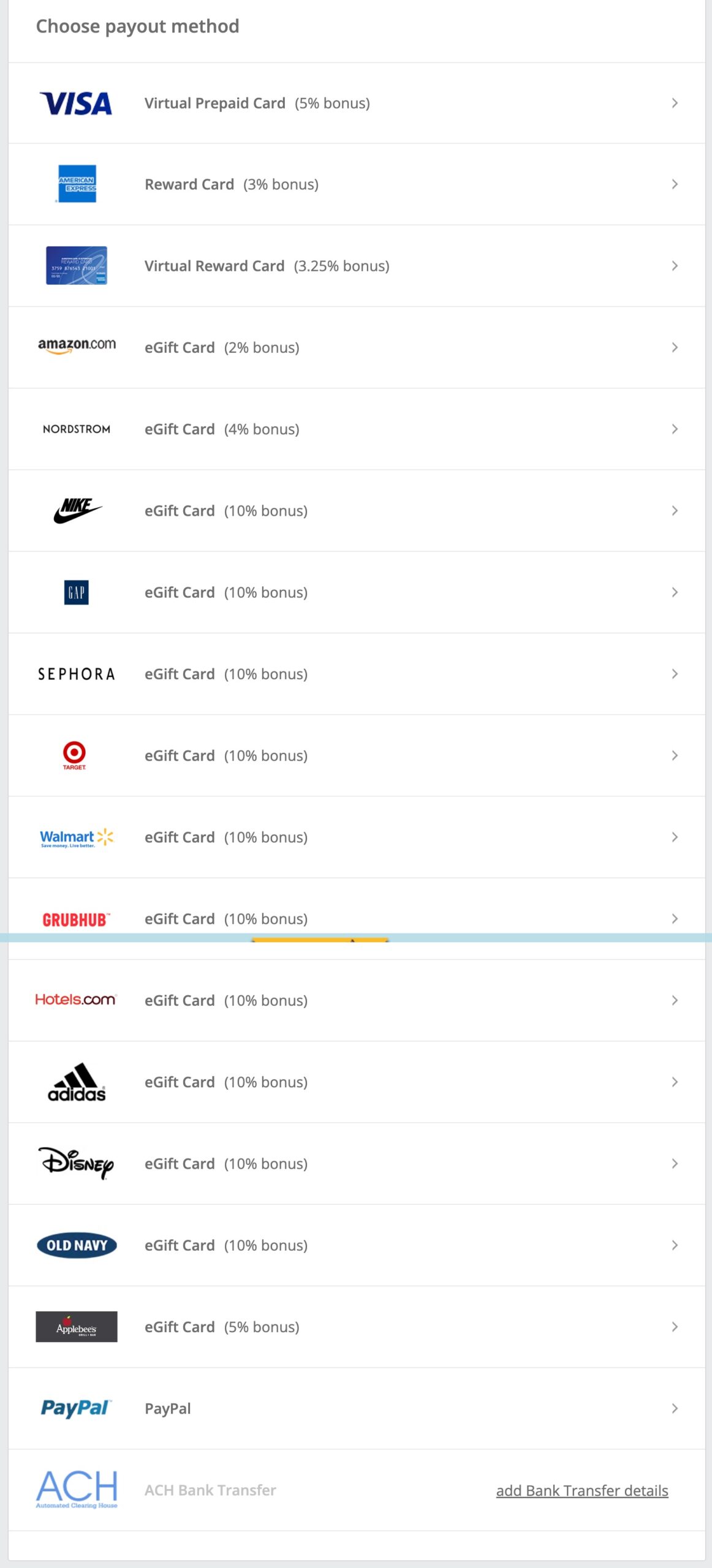 TopCashback 提现时多个商家礼品卡额外奖励 10%