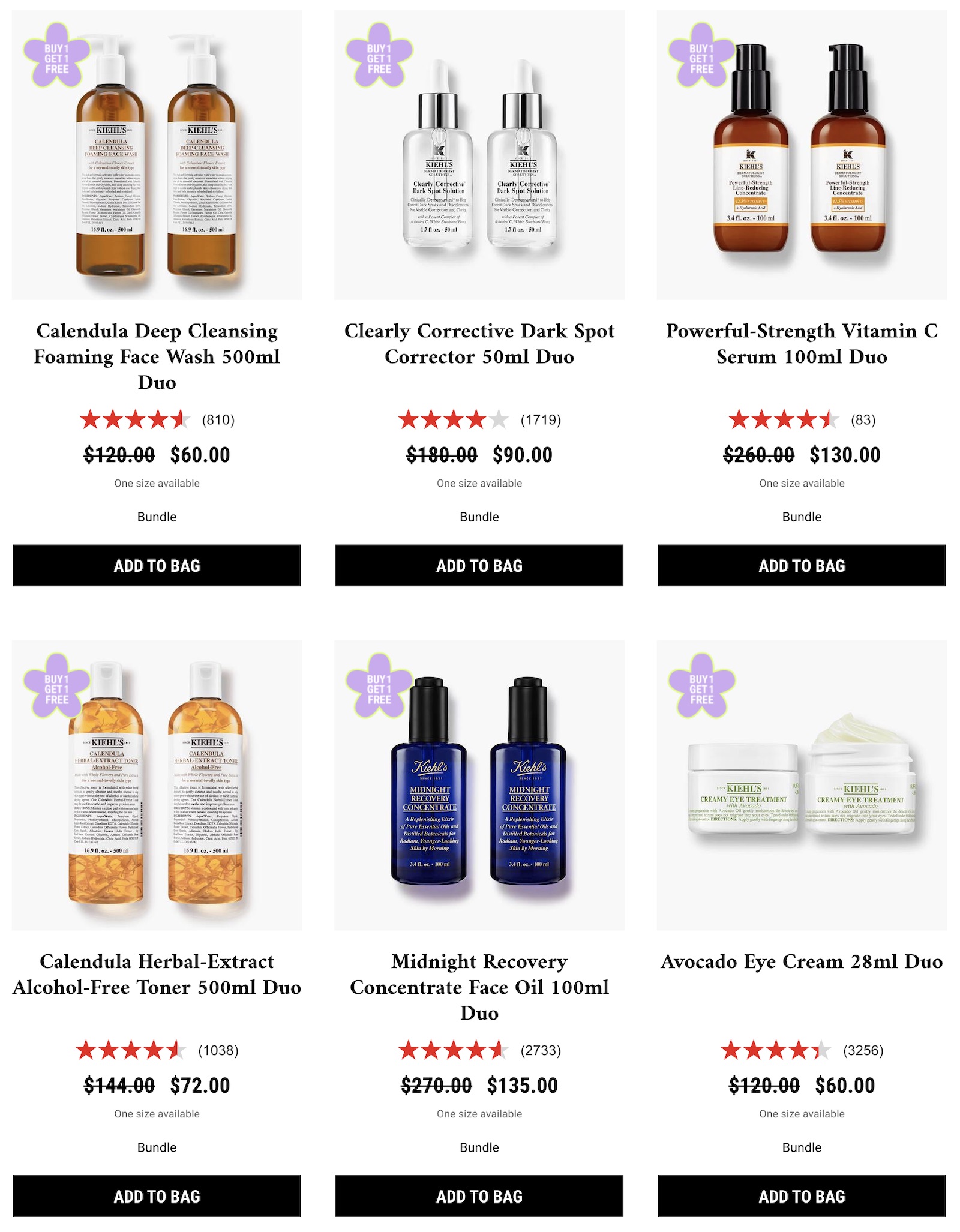 Kiehl's 大量热门商品买一赠一！【7/5：又有了，额外再减 ，附免费 4 件套赠品，普通商品额外 8 折】