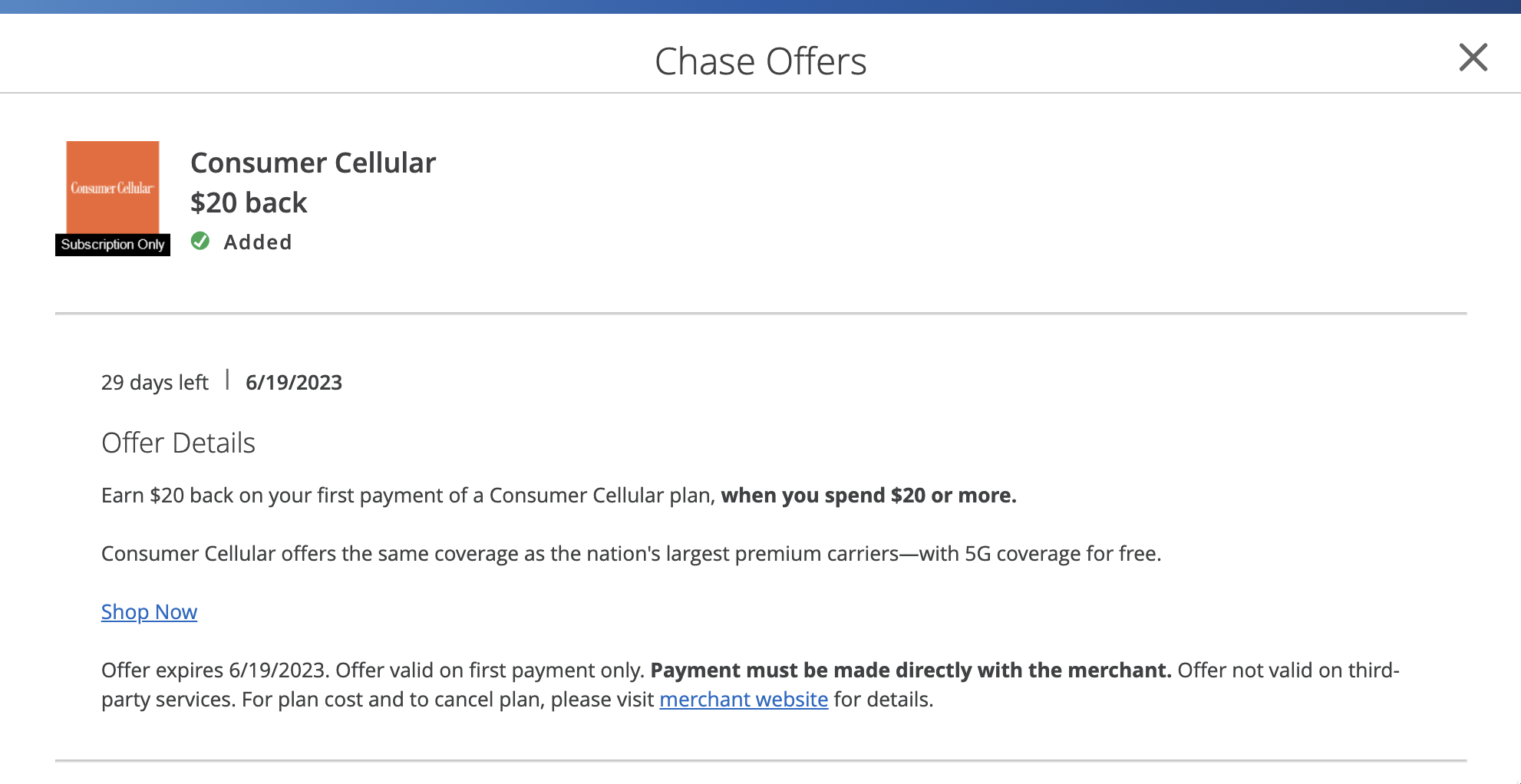 购买一个月 Consumer Cellular 电话套餐可倒赚 【2/22 更新：Chase 再返  又有了】