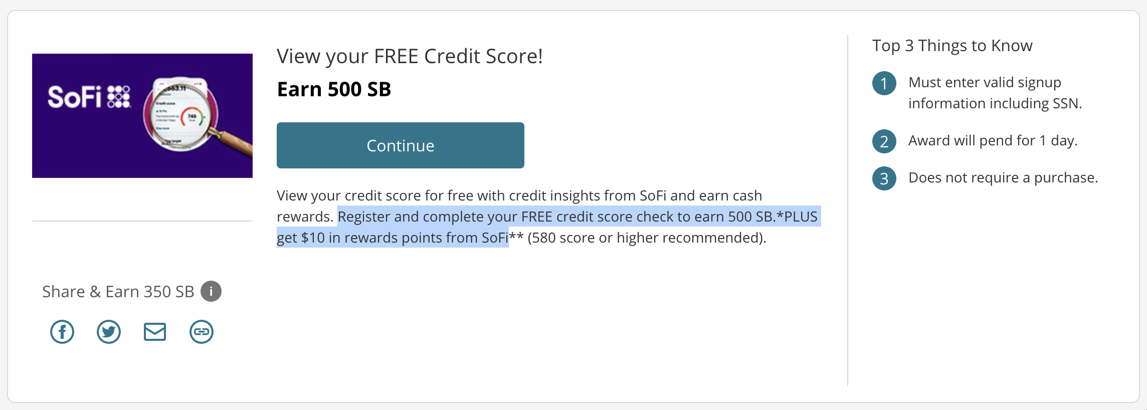 免费开通 SoFi 信用分查看可获得 奖励