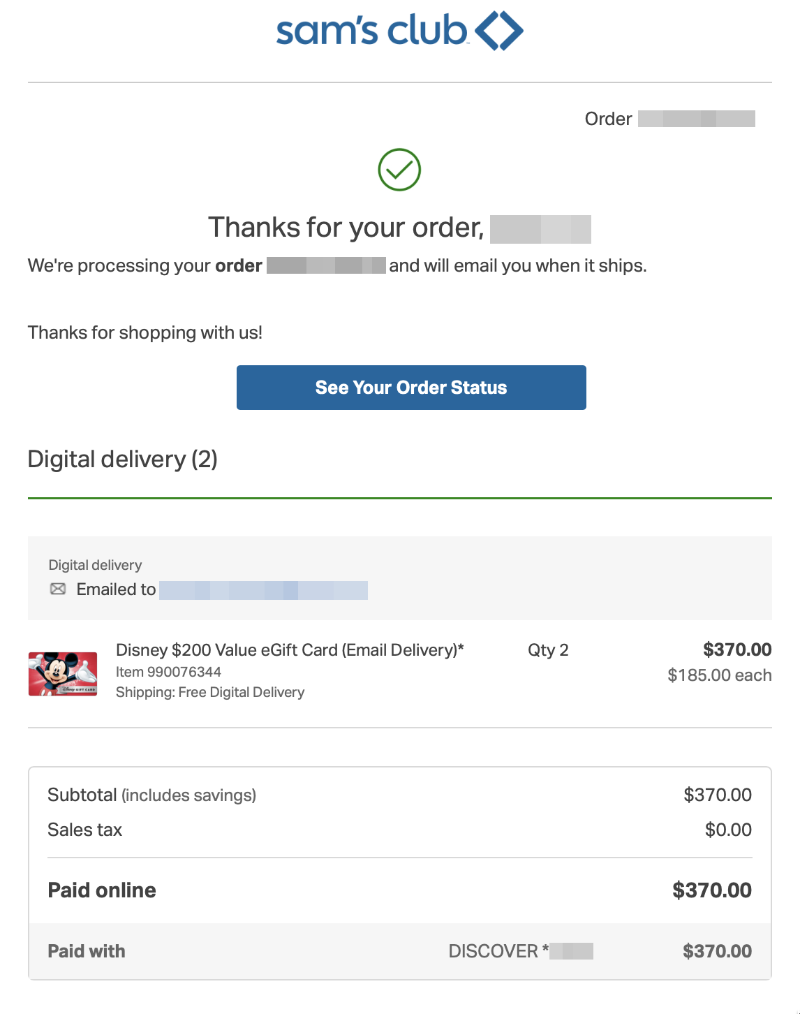 迪士尼礼卡折扣：买 0 Disney Gift Card 仅需 5【05/04 更新：Sam's 最新折扣，可叠加 Discover 5% 返现】