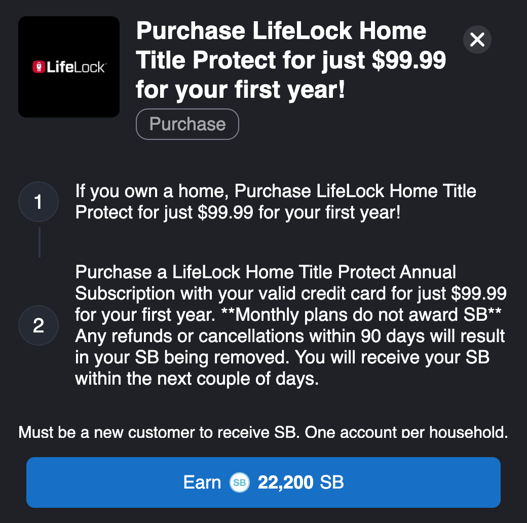 Swagbucks 倒赚推荐:购买 LifeLock Home Title Protect 可倒赚 2【零风险】