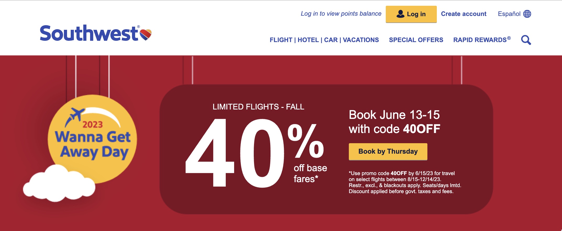 Southwest (西南航空) 订机票 40% off,可叠加礼卡优惠实现折上折【SF 到 LA 不到 】